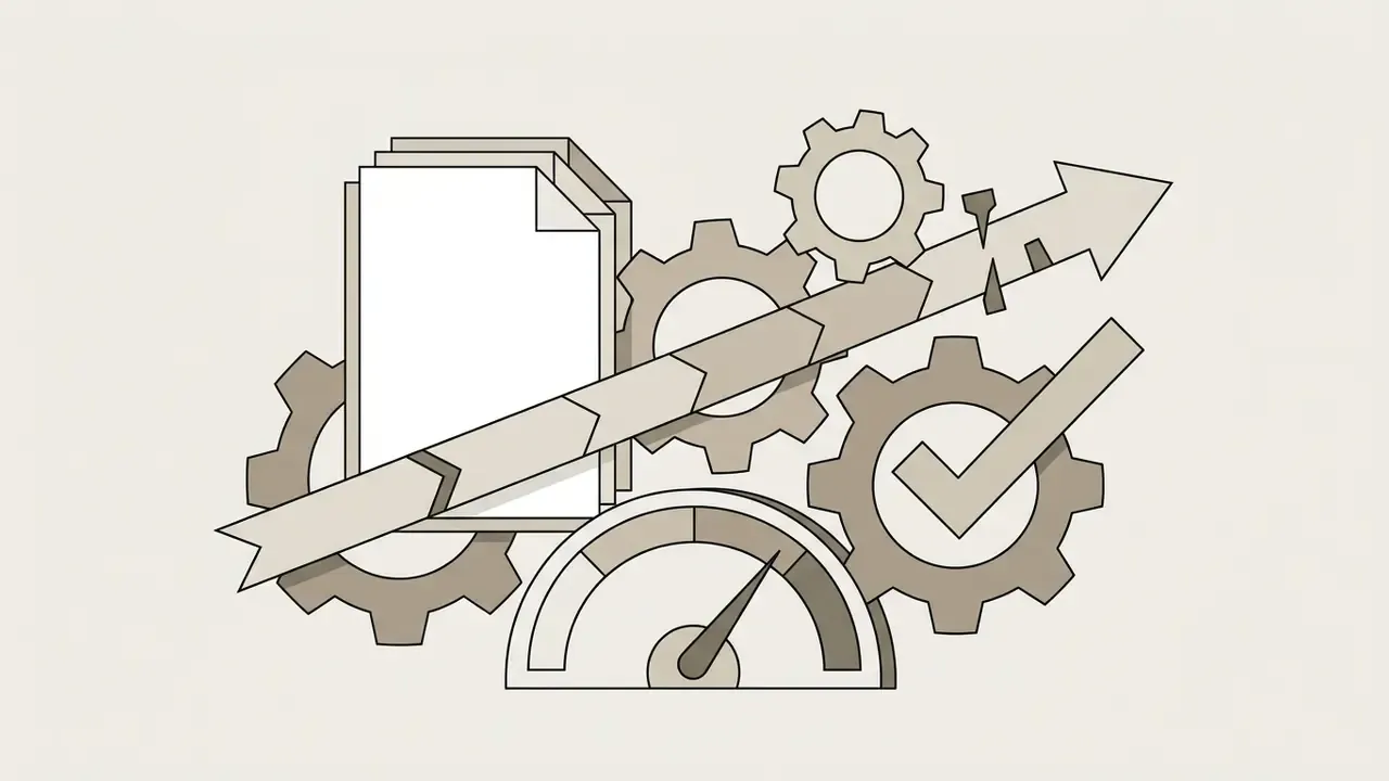 Stack of documents and mechanical gears arranged behind a progress arrow and a speed gauge icon