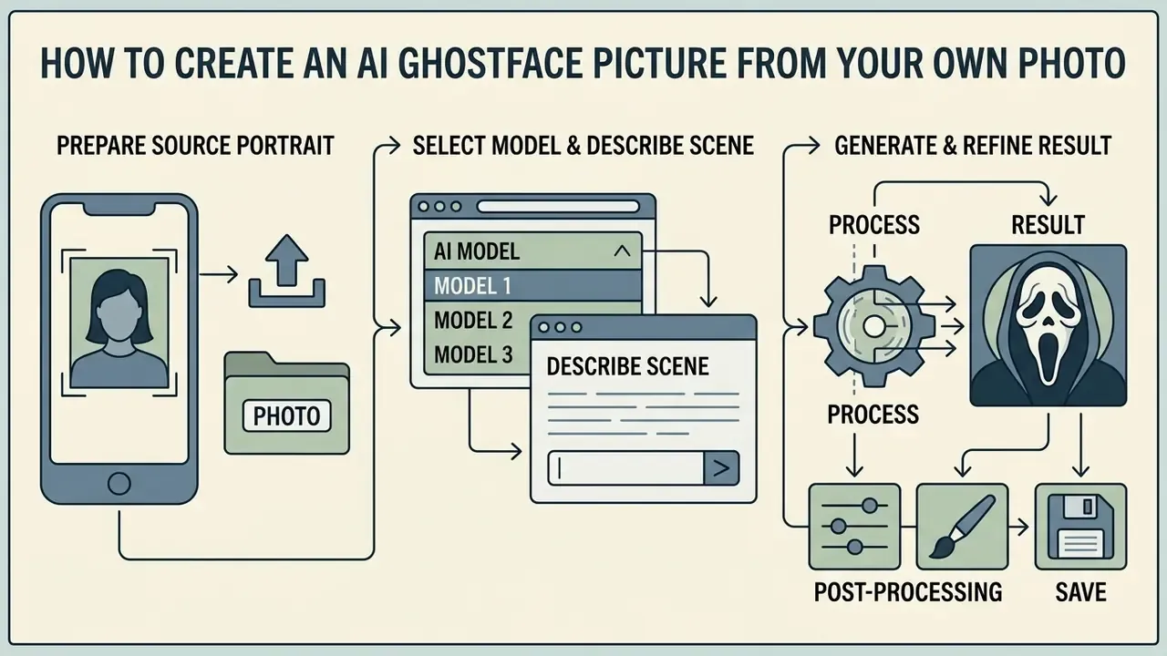 Workflow diagram showing steps to upload a portrait, select a model, generate, and save the final output