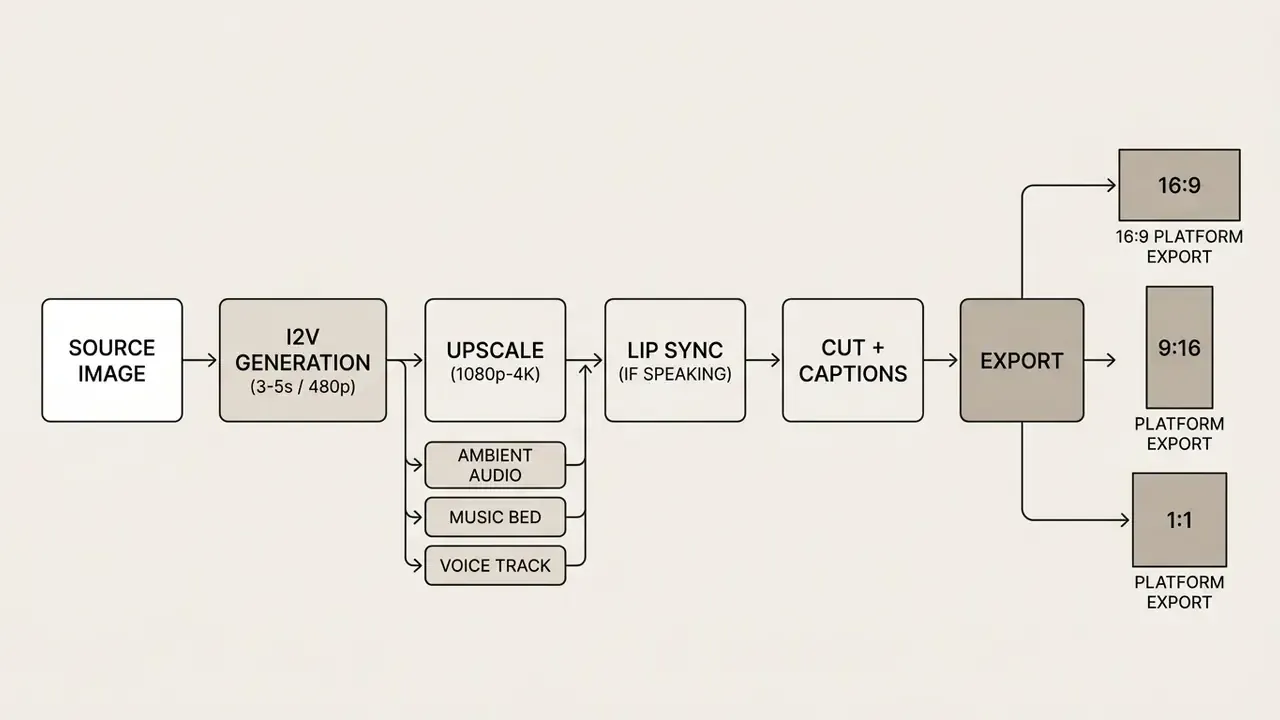 Diagram showing the sequential steps to transform a source image into a final video with various exports