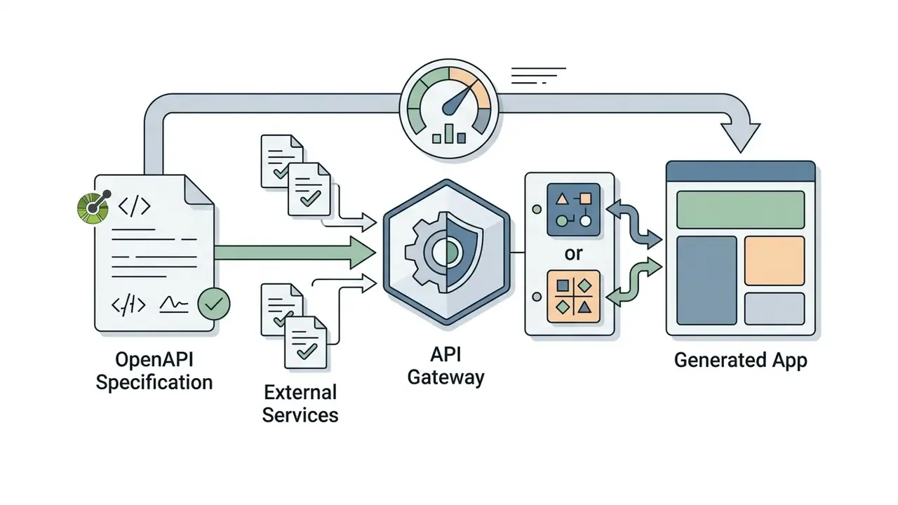 OpenAPI specifications and external services feeding into an API gateway that powers a generated app