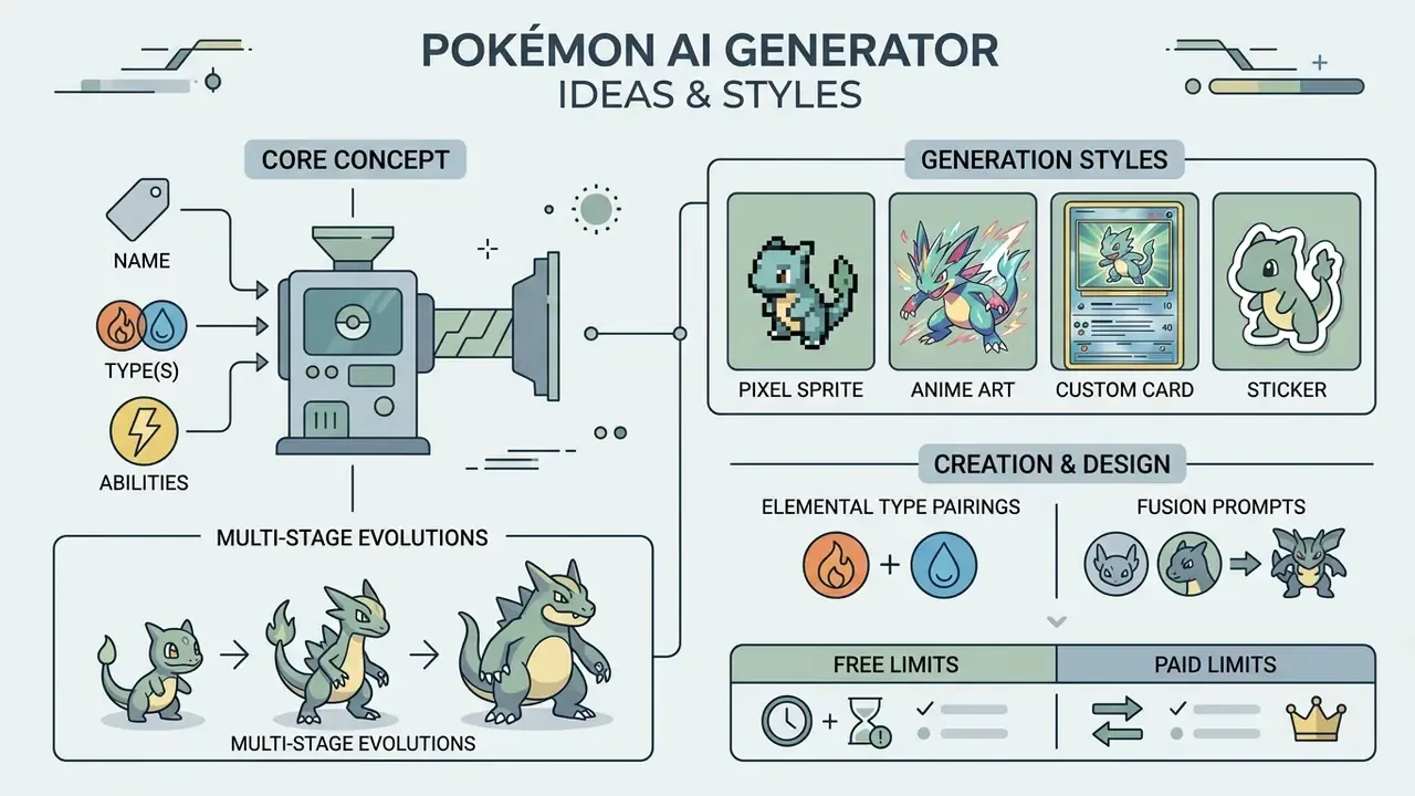 Infographic displaying various visual styles and design concepts for a Pokémon AI generator