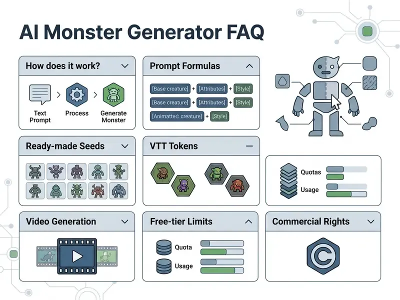 Interactive accordion layout displaying technical FAQs and usage metrics for a creature design tool