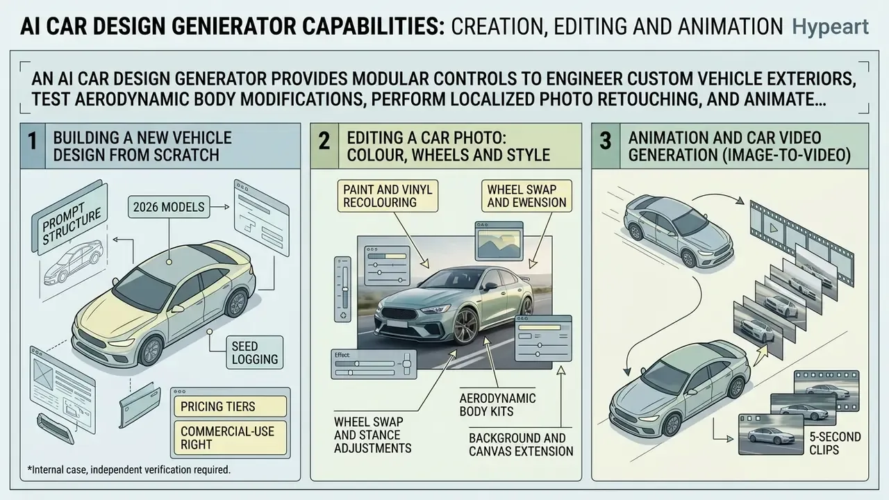 Three-part infographic outlining vehicle design creation, photo editing, and video generation workflows