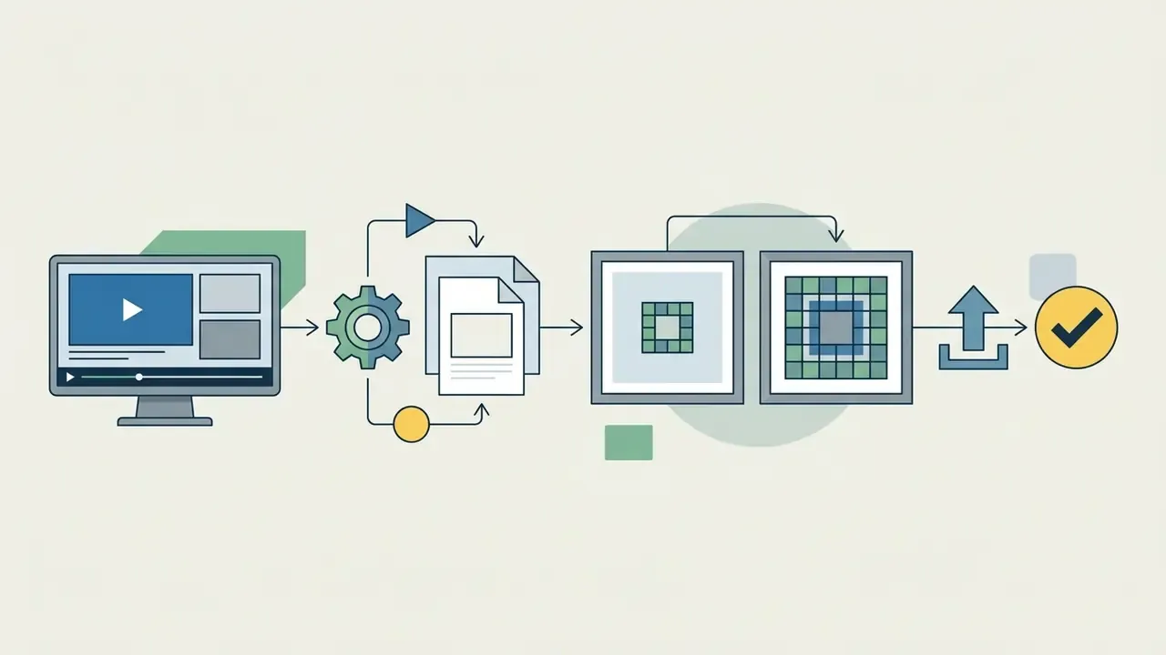 Computer monitor connected to gear, document, frame, and upload icons leading to a completion checkmark