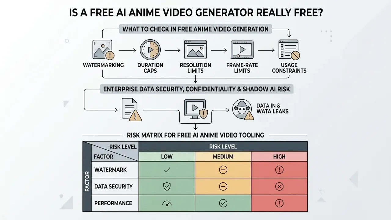 Infographic showing operational limits, security risks, and a risk matrix for free AI anime video tools