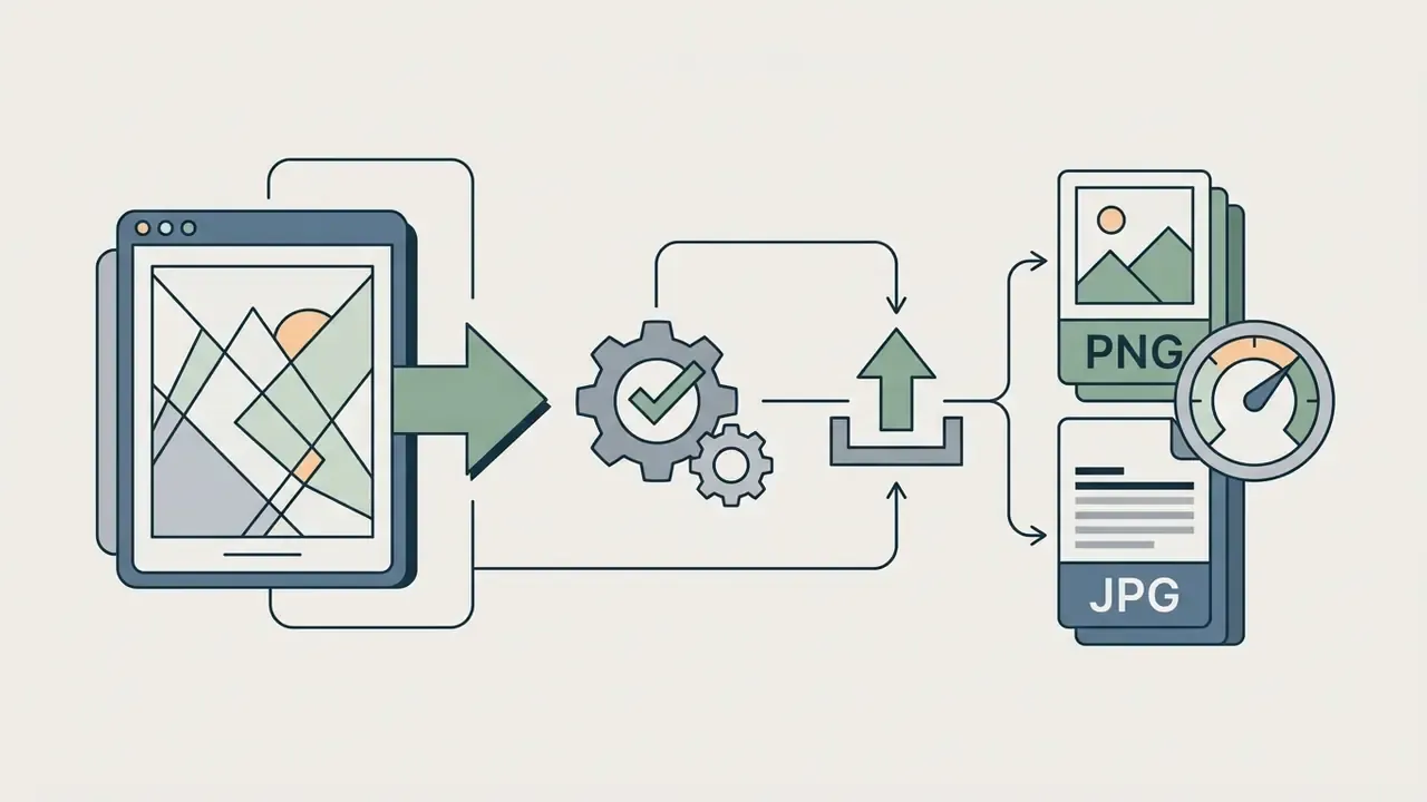 Digital tablet sending a design through a gear processor to export as PNG and JPG file formats