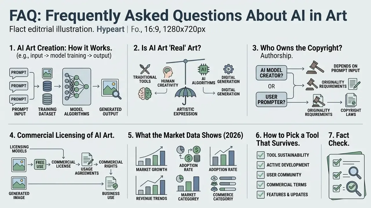 Three-row myth-versus-fact scorecard. Row 1, "AI will replace artists": marked false, with the note that legal and labor evidence centers on redistribution of tasks, not elimination. Row 2, "AI images are copyright-free": marked misleading, with the note that absence of protection for machine output does not remove third-party infringement risk. Row 3, "Generation needs no skill": marked false, with the note that commercial reliability depends on prompt engineering, conditioning, and post-production