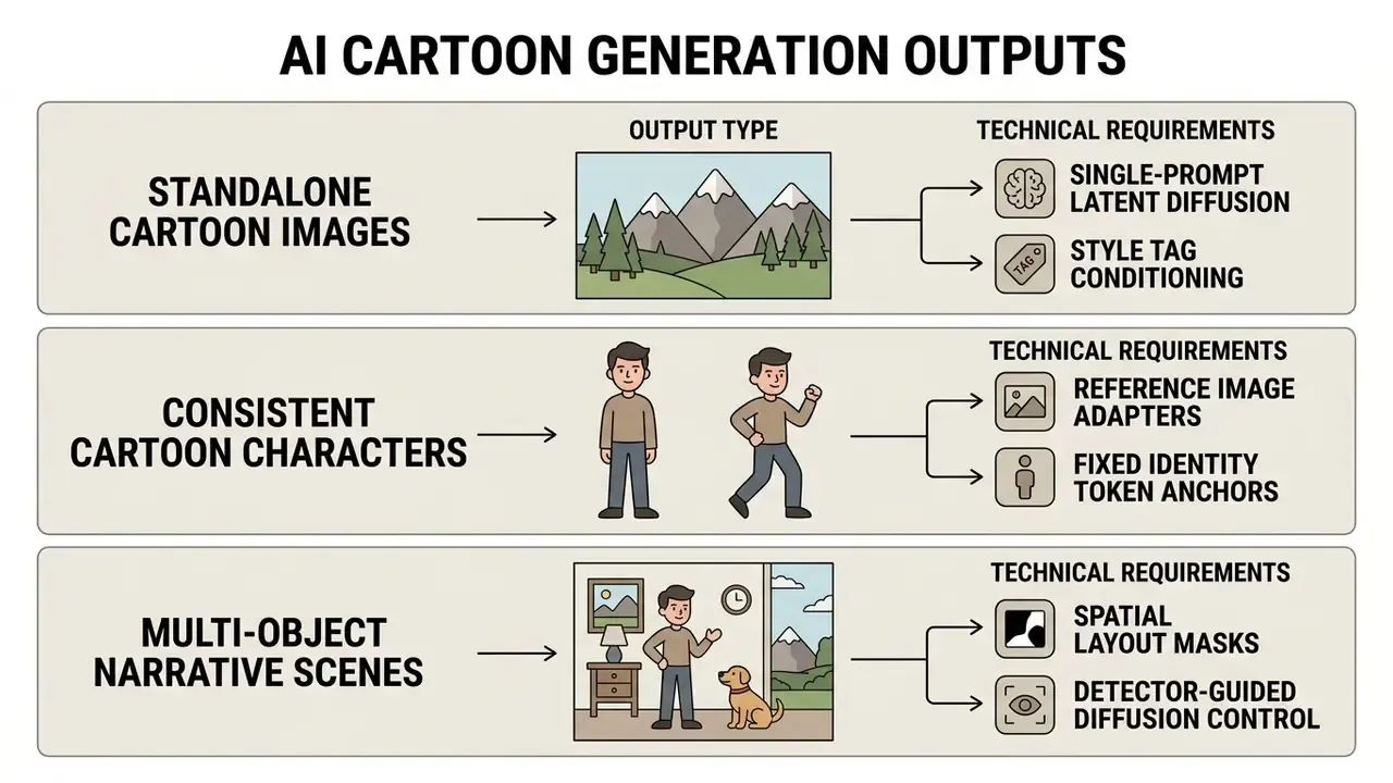 Diagram mapping three types of cartoon generation outputs to their specific technical requirements
