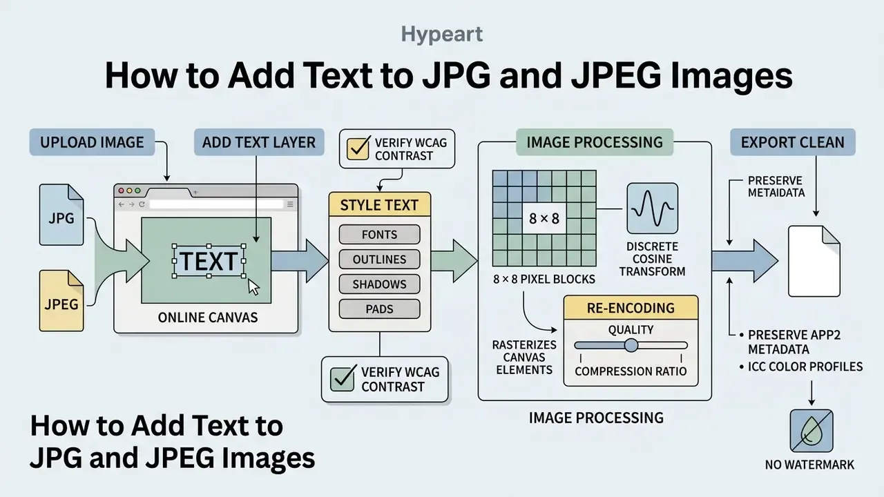 Diagram showing the technical workflow of uploading, styling, and re-encoding JPG images for export