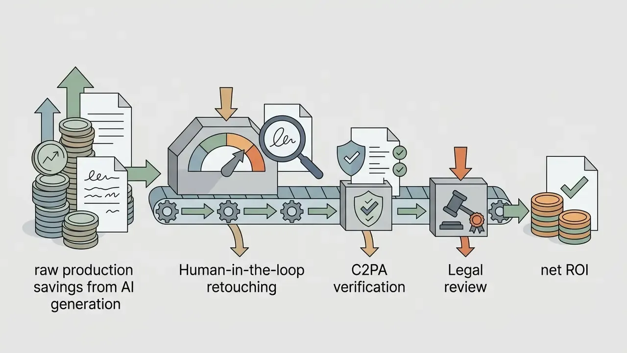 Conveyor belt processing raw savings through retouching, C2PA verification, and legal review to net ROI
