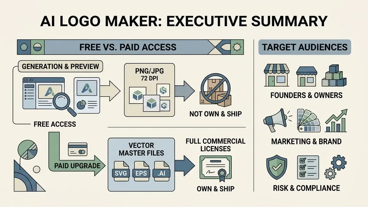 Infographic comparing free logo generation with paid access to vector files and commercial licenses