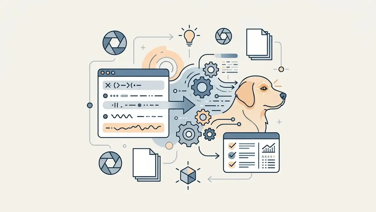 Code window and gear system processing text inputs into a golden retriever portrait with data analytics
