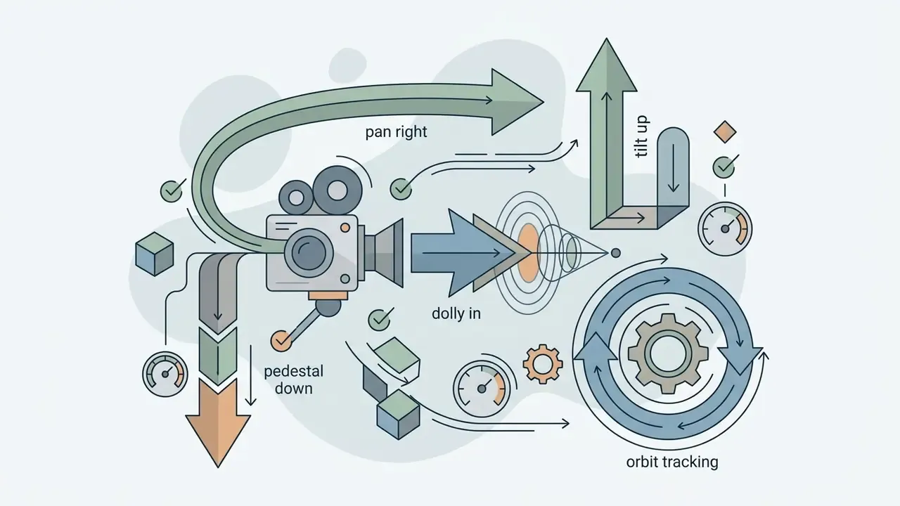 Visual representation of camera movements including pan right, tilt up, pedestal down, dolly in, and orbit tracking