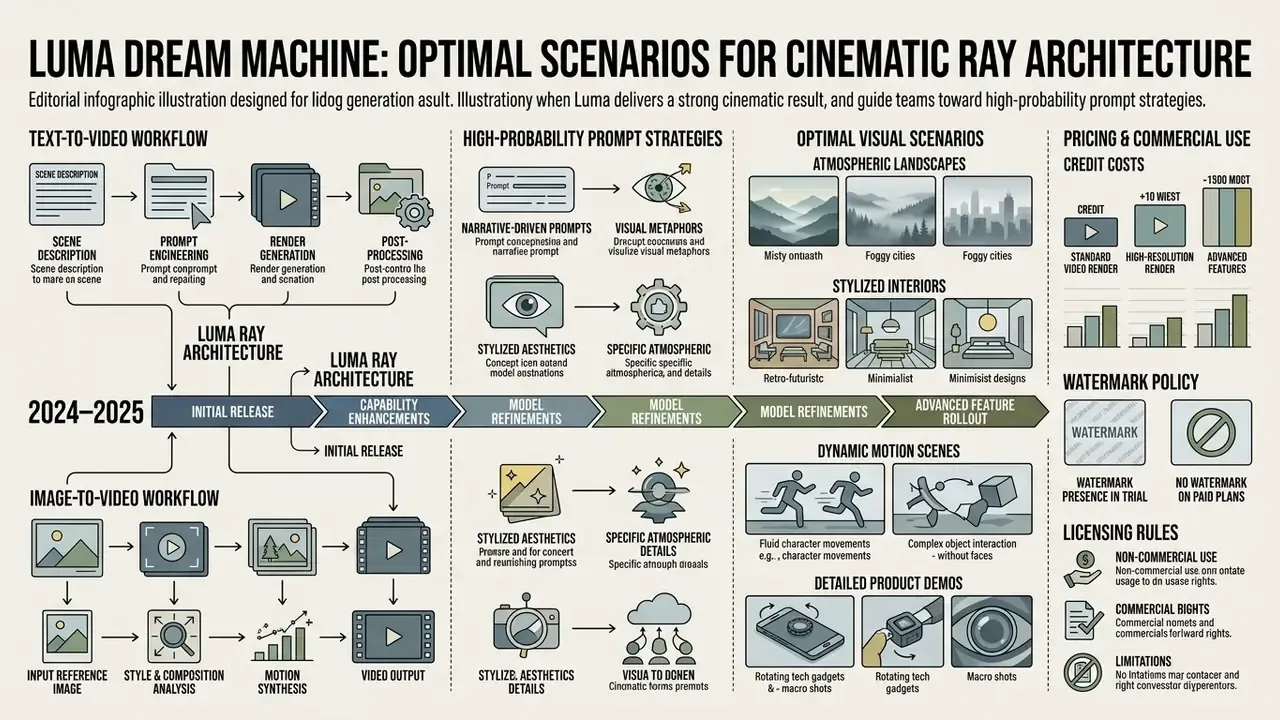 Chart detailing Luma Dream Machine workflows, prompt strategies, and optimal cinematic scene types