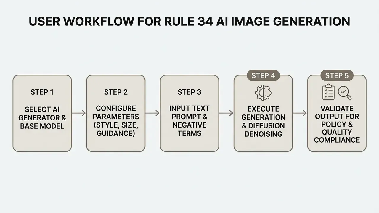 Five-step process diagram detailing the sequence from model selection to final output validation