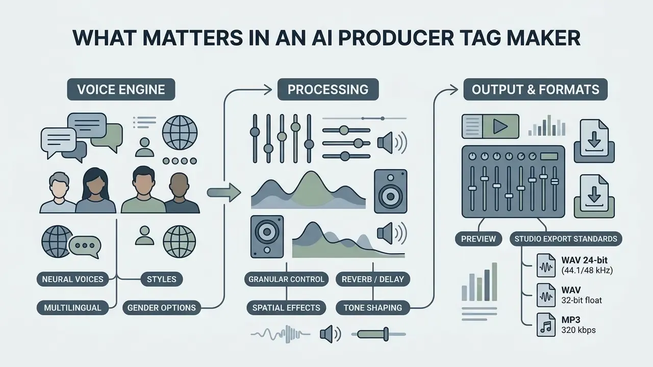 Diagram detailing voice engines, audio processing tools, and export formats for an AI producer tag maker