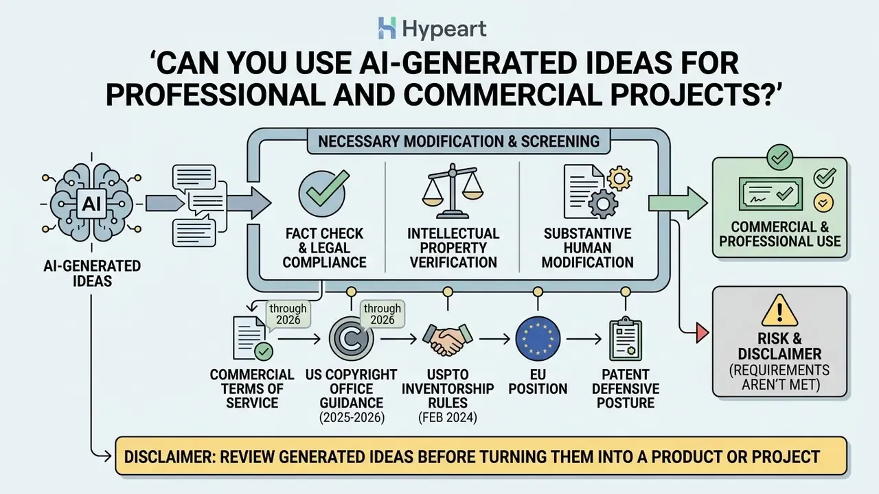 Process map showing how AI outputs are screened for legal compliance and human modification for commercial use
