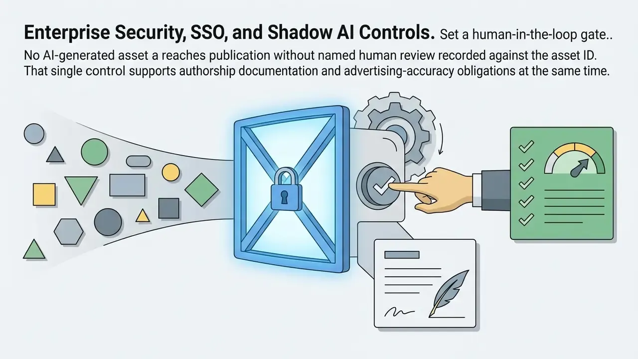 Hand pressing a checkmark button on a locked gate to approve assets for publication and documentation