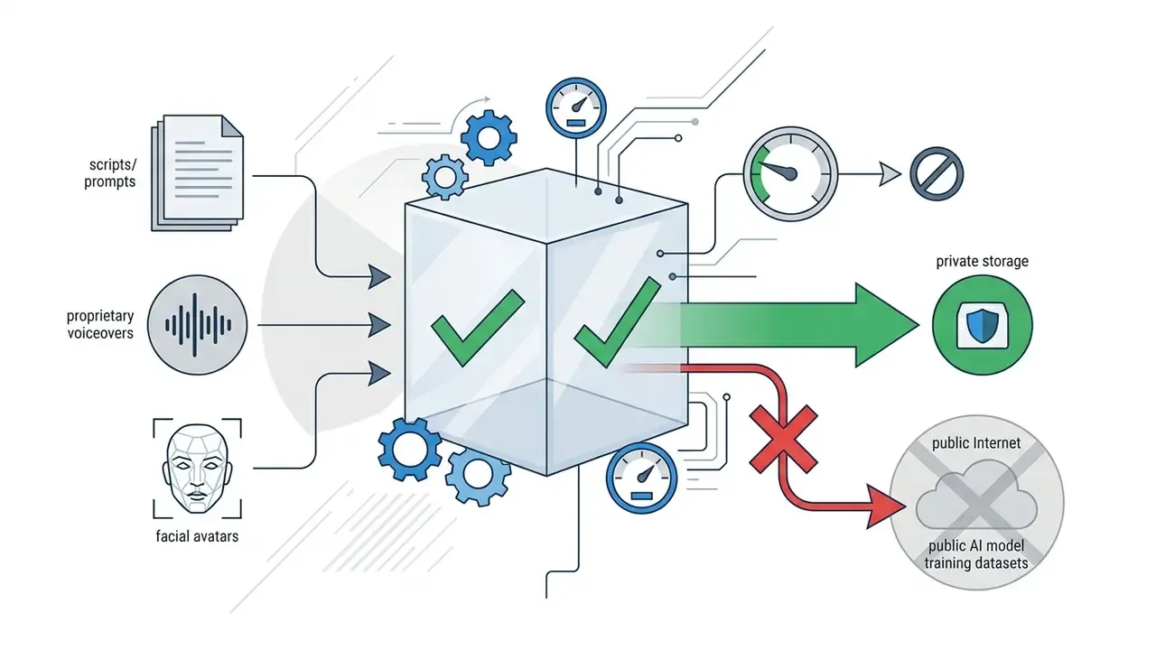 Data processing cube directing user inputs to private storage while blocking transfer to public datasets
