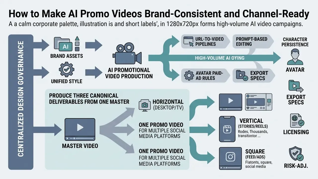 Diagram showing centralized design governance for scaling video assets across various social media formats