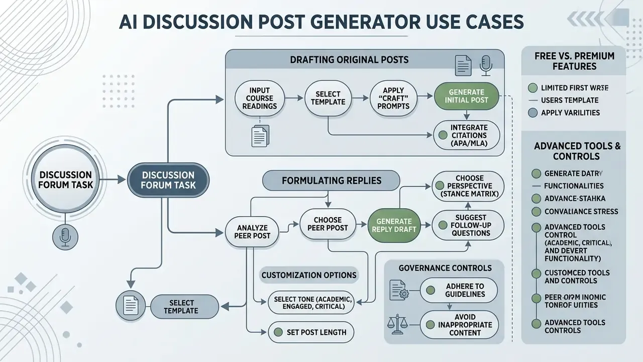 Flowchart mapping the steps for drafting original posts, formulating replies, and applying governance controls