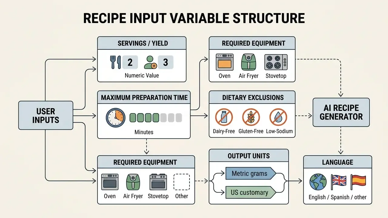 Diagram mapping user inputs like servings, time, equipment, and dietary needs to cooking parameters