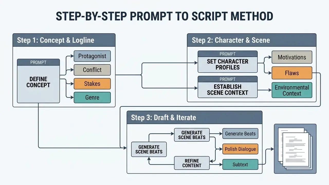 Three-stage workflow diagram detailing prompt-based screenwriting from concept to final drafted pages