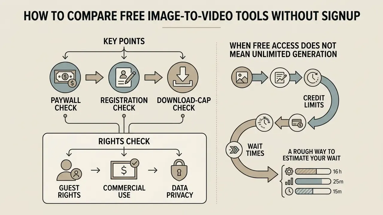 Infographic detailing evaluation criteria for free image to video AI tools including usage limits