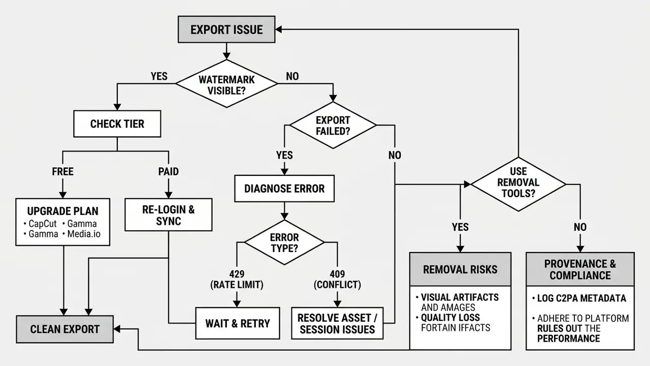 Flowchart mapping steps to resolve AI watermark and export failures through tier and error checks