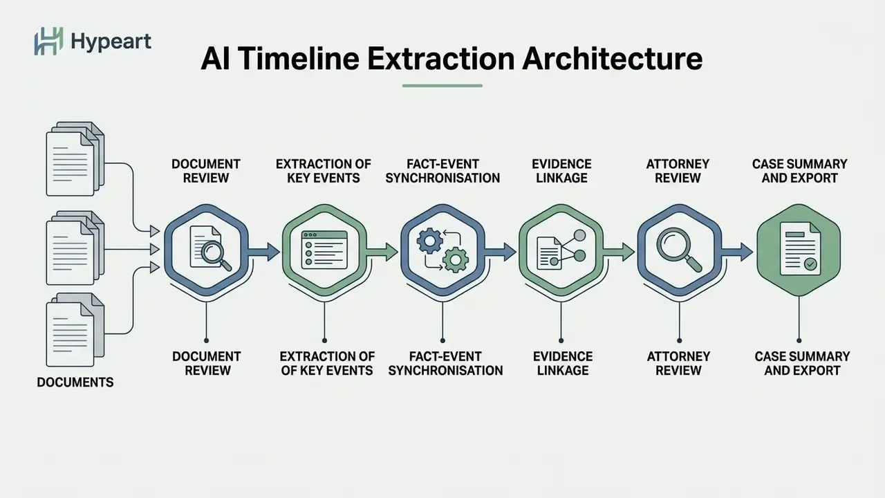 Process flow from document review through event extraction, synchronisation, linkage, and attorney review