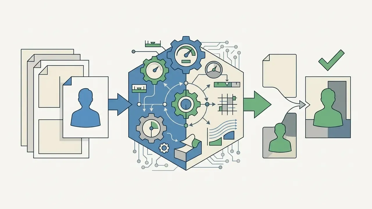 Technical process showing image inputs moving through a central gear mechanism to output a merged photo