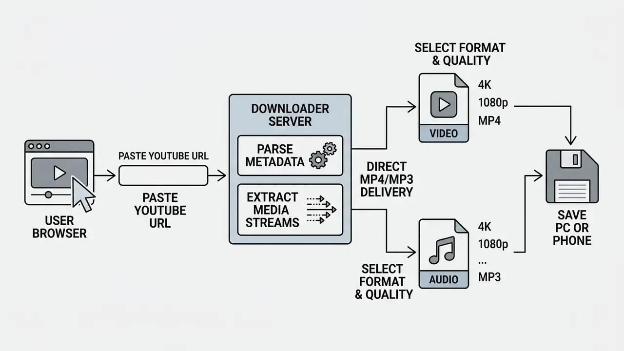Diagram showing a browser pasting a URL to a server that processes media streams for saving to a device