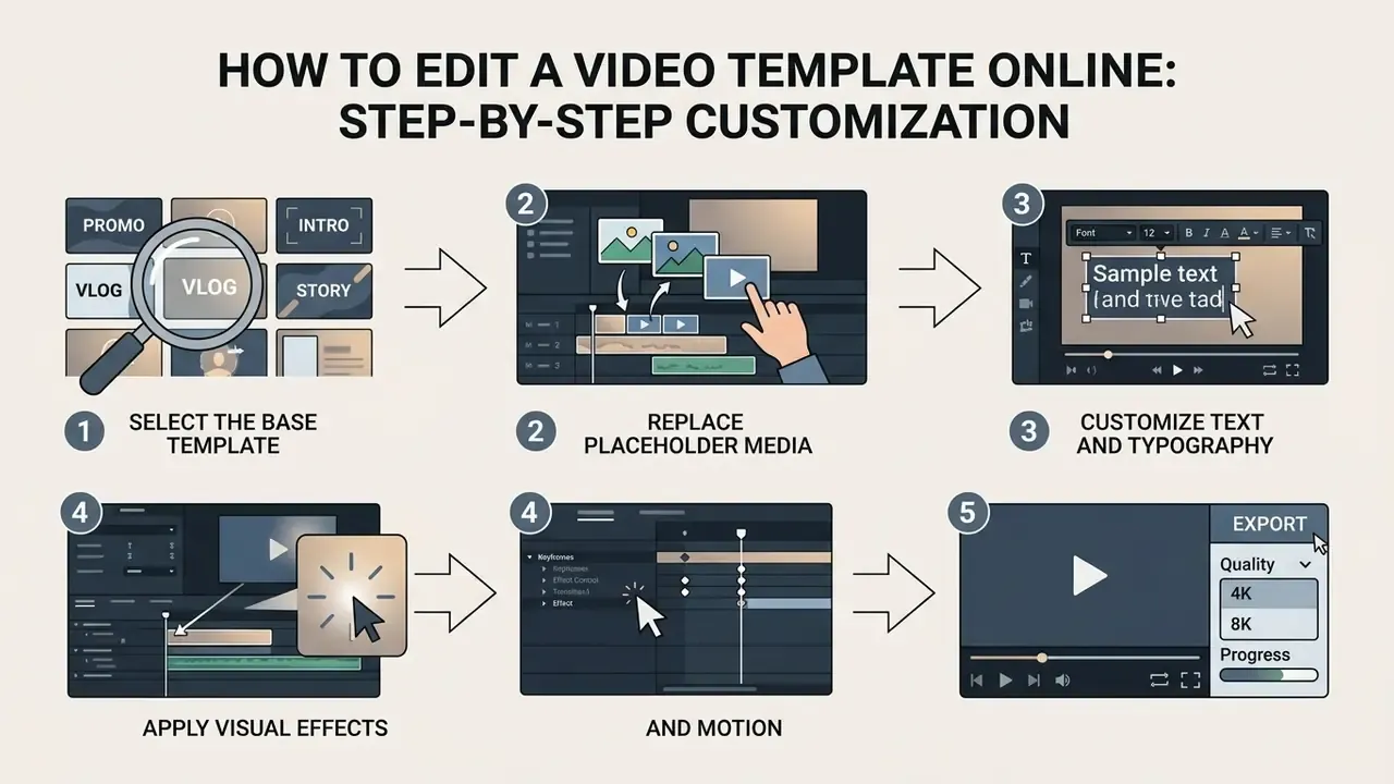 Five-step workflow diagram showing how to select, customize, and export a video template online