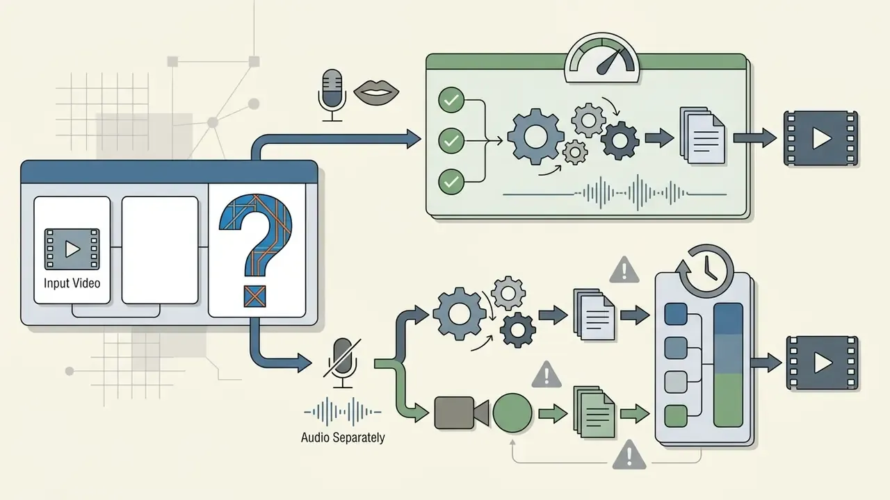 Decision paths for AI video models comparing integrated audio sync versus separate audio production