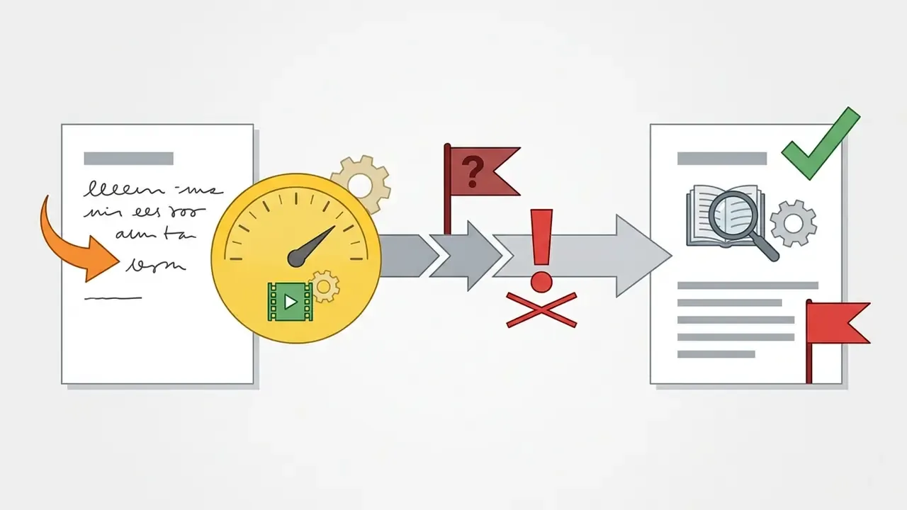 Document with a speedometer and gears moving past warning flags toward a reviewed and checked file