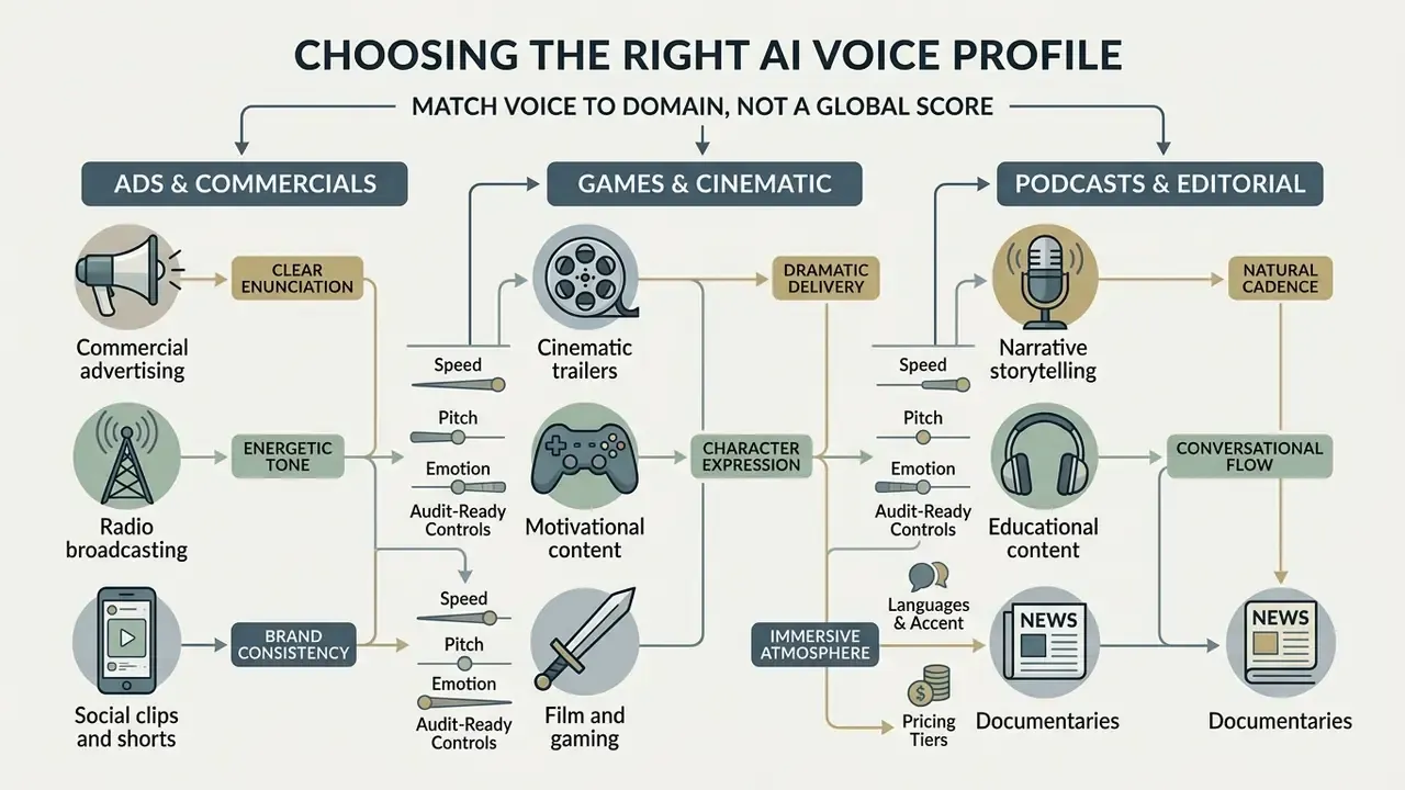 Decision tree mapping voice styles to specific media domains like advertising, gaming, and podcasts