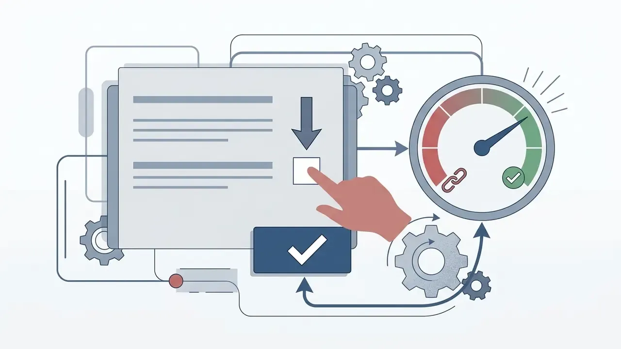 Hand clicking a checkbox on a document linked to a gauge and gears representing digital consent processes