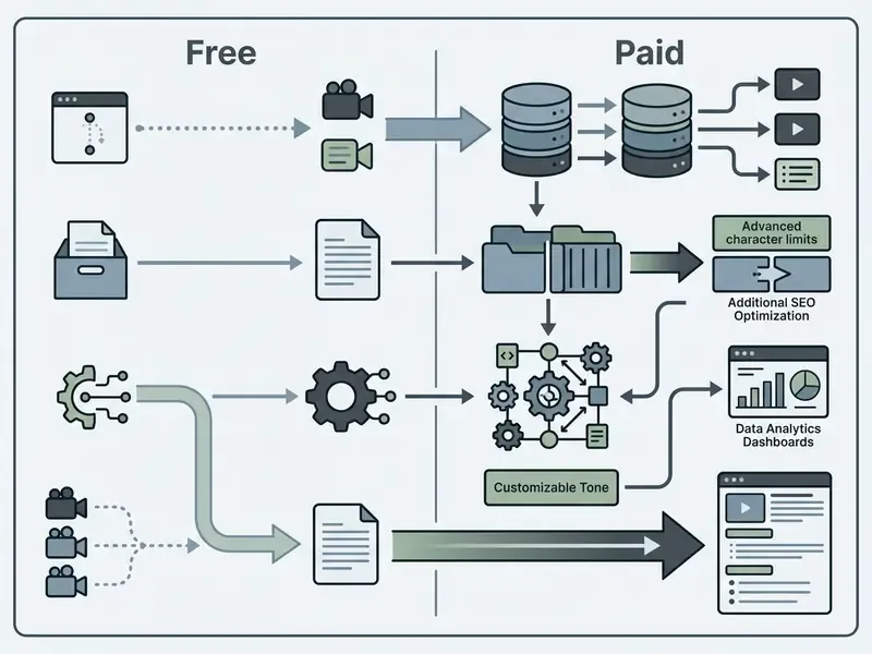 Comparison matrix showing functional differences between free and paid metadata generation workflows