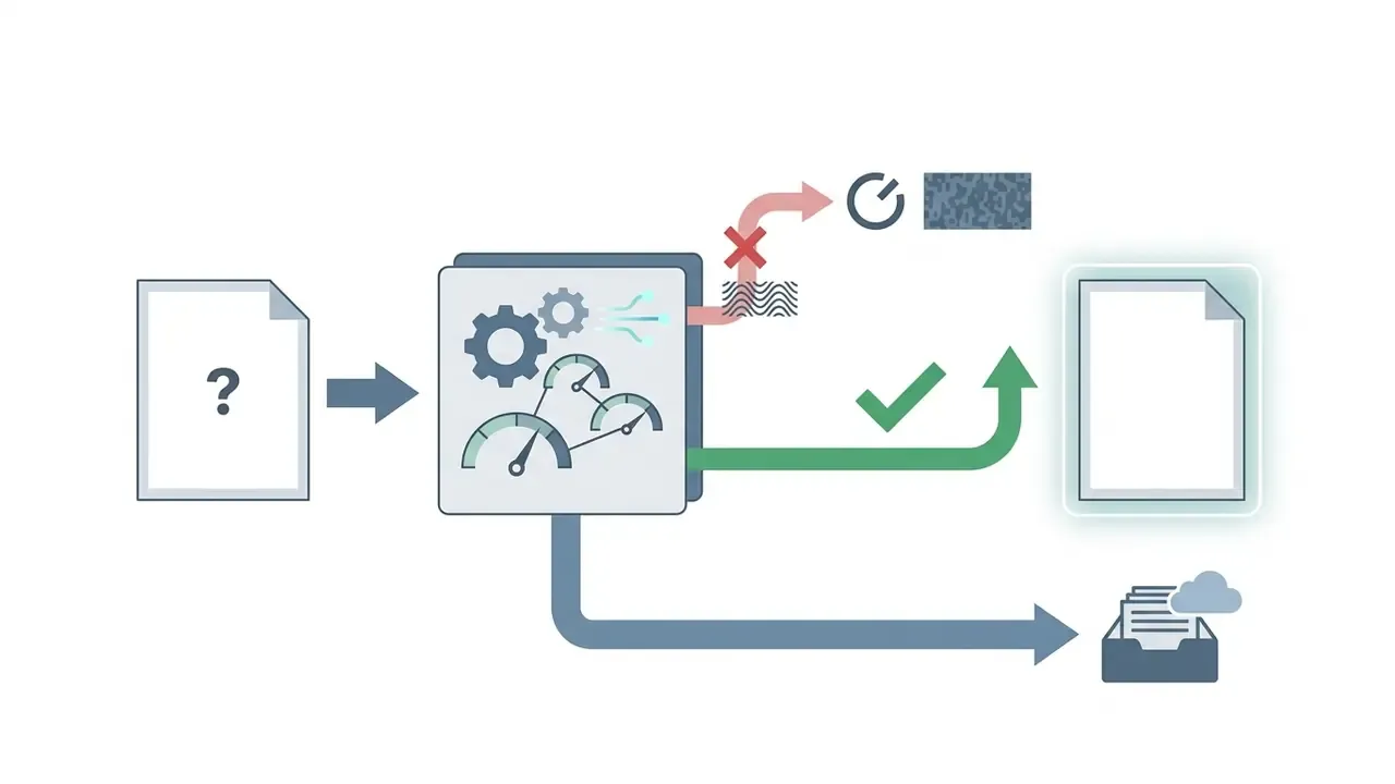 Document with a question mark entering a processing engine that filters and routes output to storage