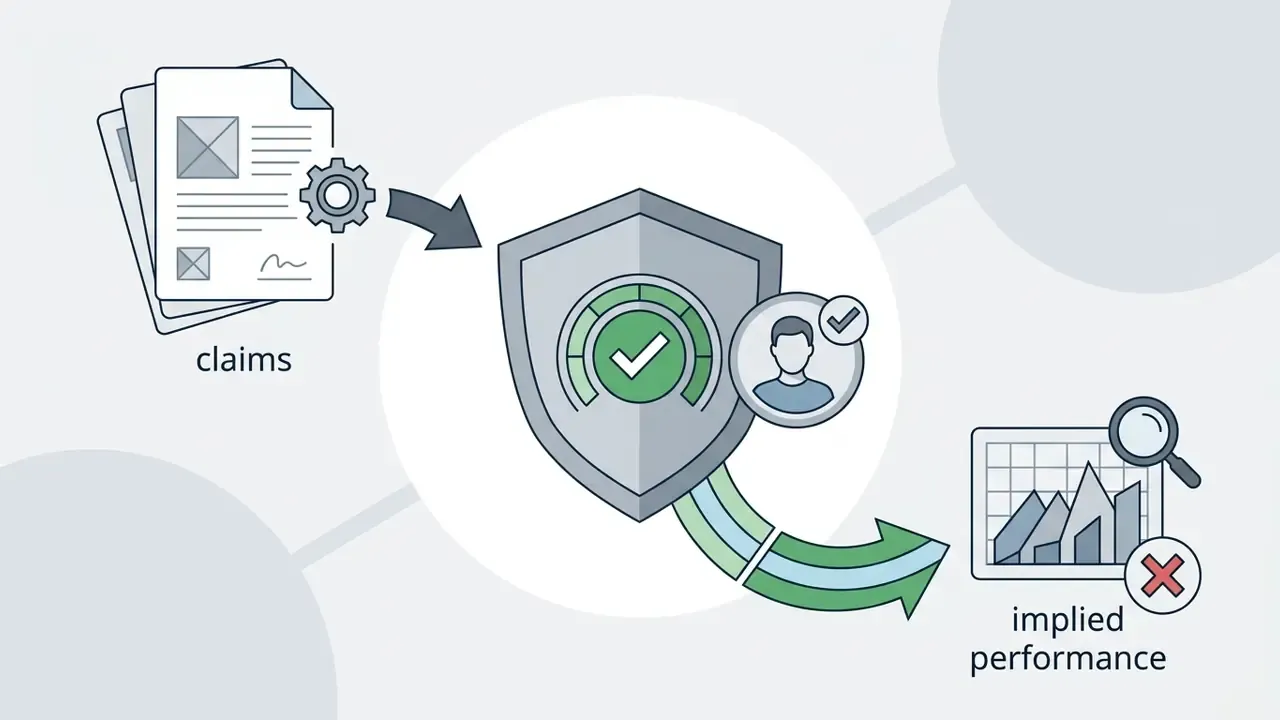 Document claims flowing into a central shield and verification icon before reaching performance charts