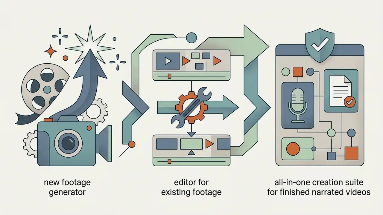 Three icons representing a video generator, an editor, and an all-in-one suite for creating AI videos