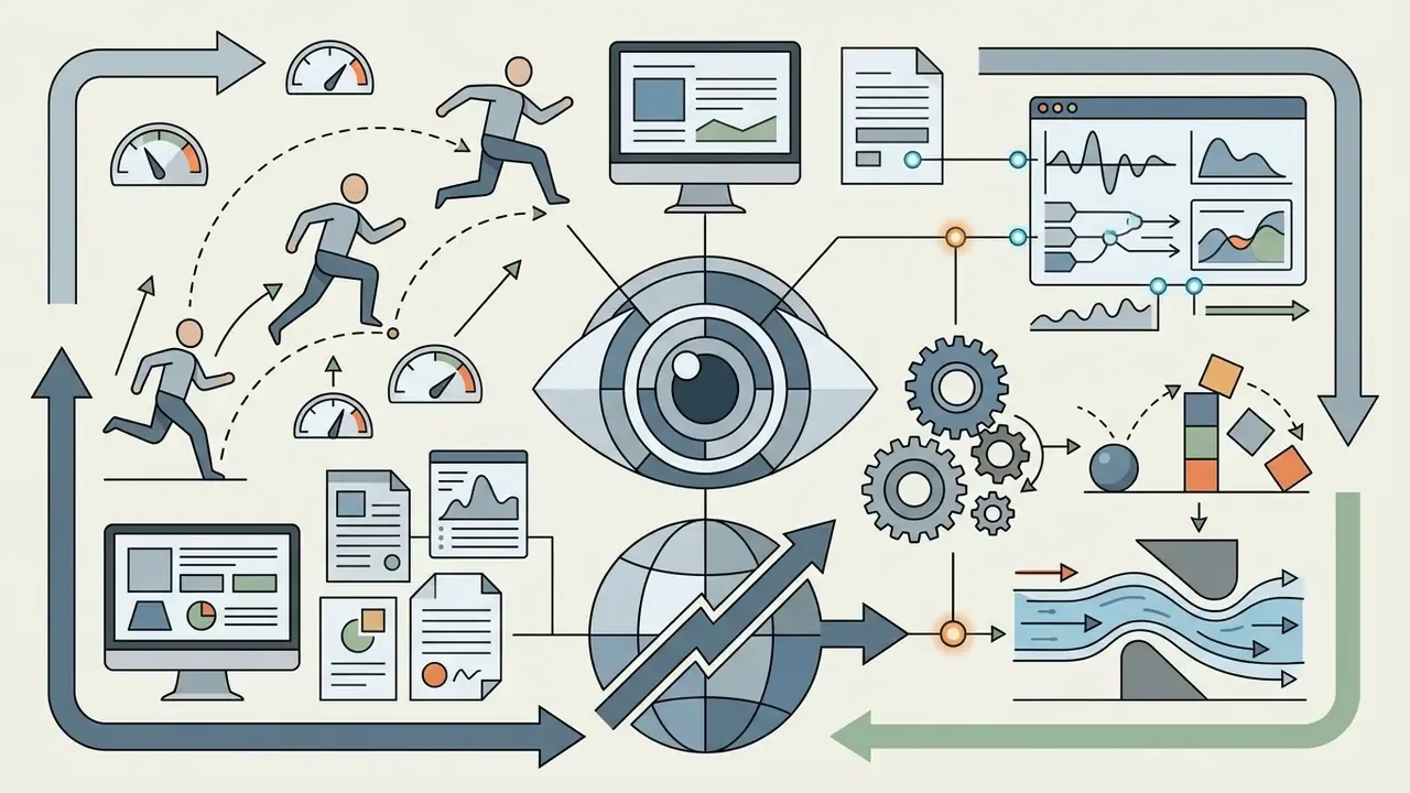 Central eye icon connecting human movement, physical physics, and data processing in a complex workflow