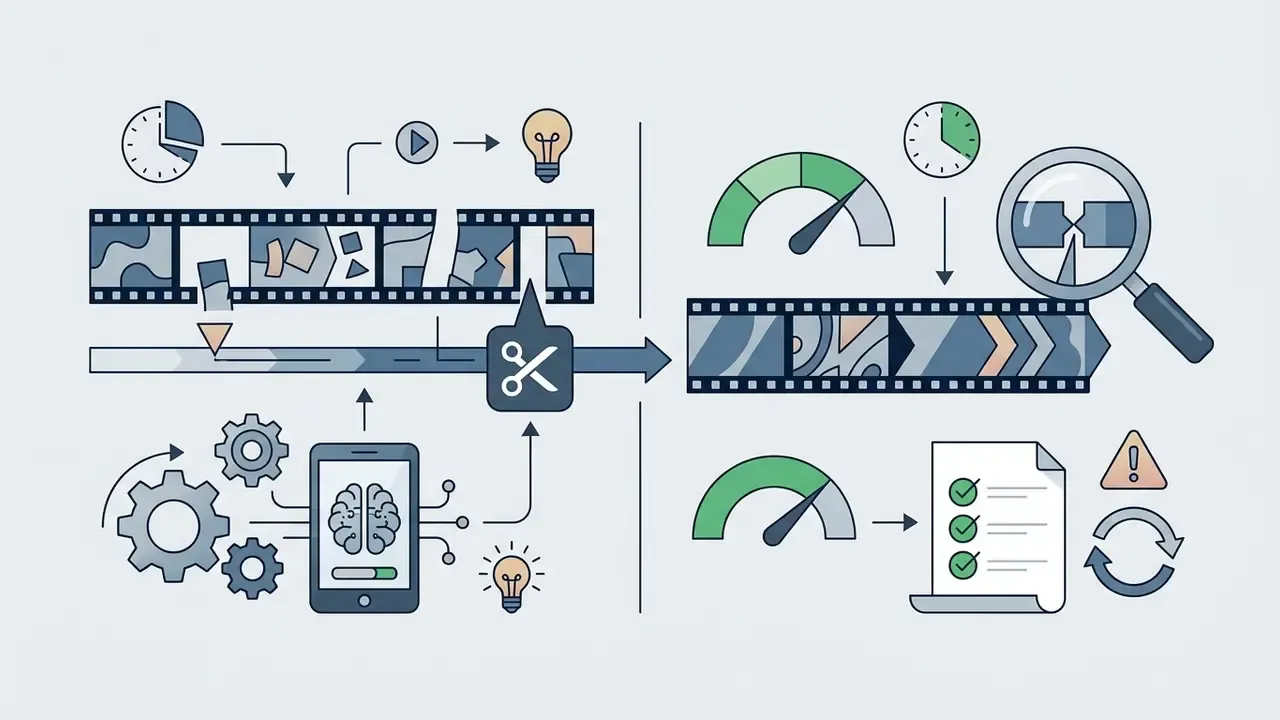 AI processing film strips to remove gaps with speed gauges and manual review icons for editing