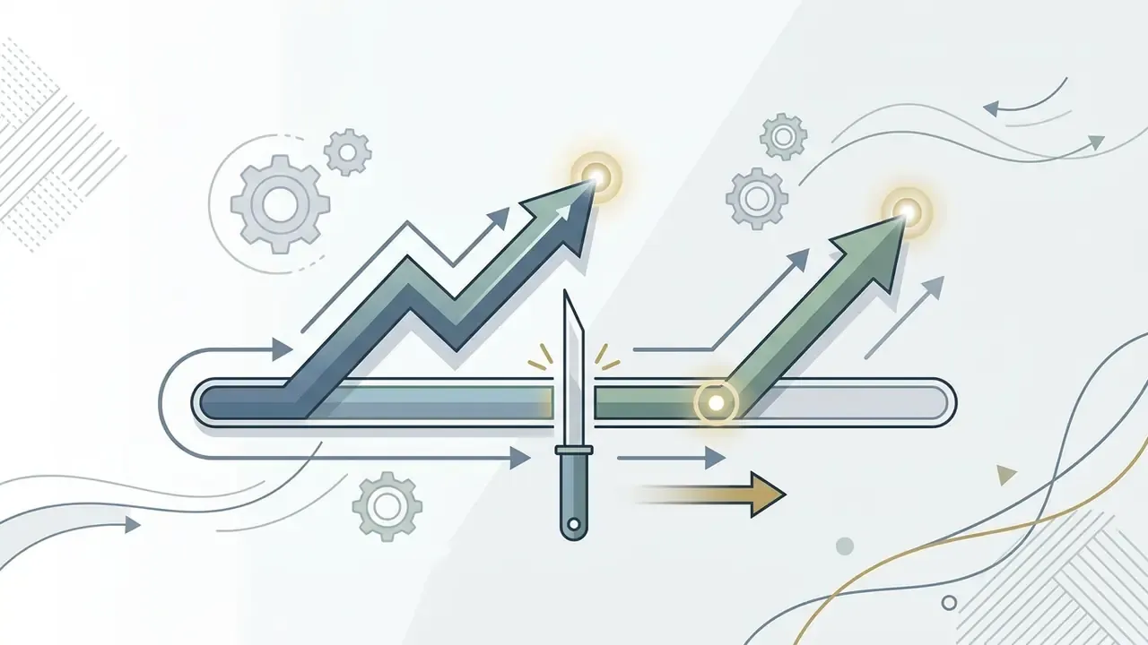 A knife splitting a horizontal progress bar with upward trending arrows and mechanical gears