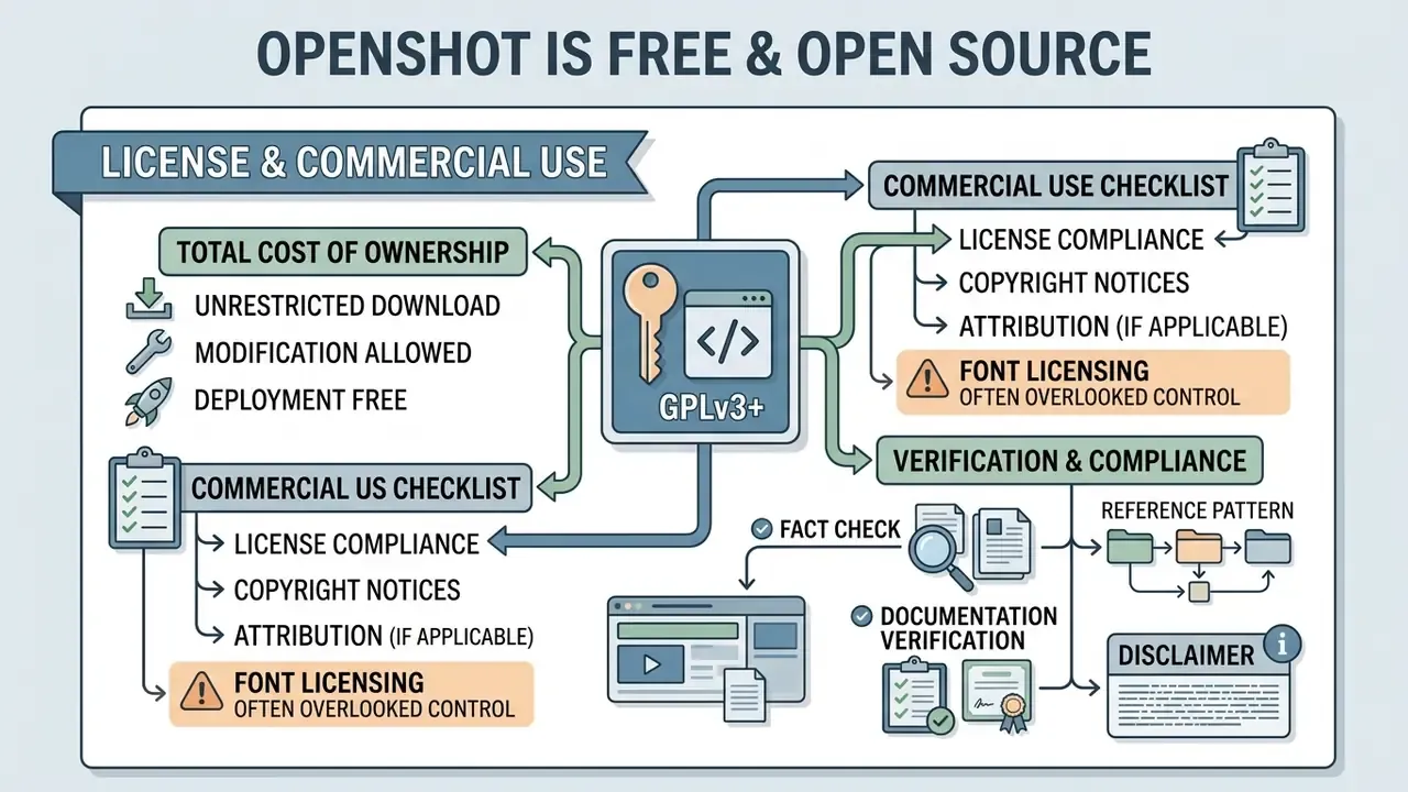 Flowchart detailing OpenShot licensing terms, commercial use checklists, and compliance requirements