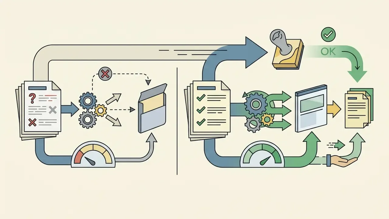 Process showing data moving through gears and gauges to reach either a rejected or approved status