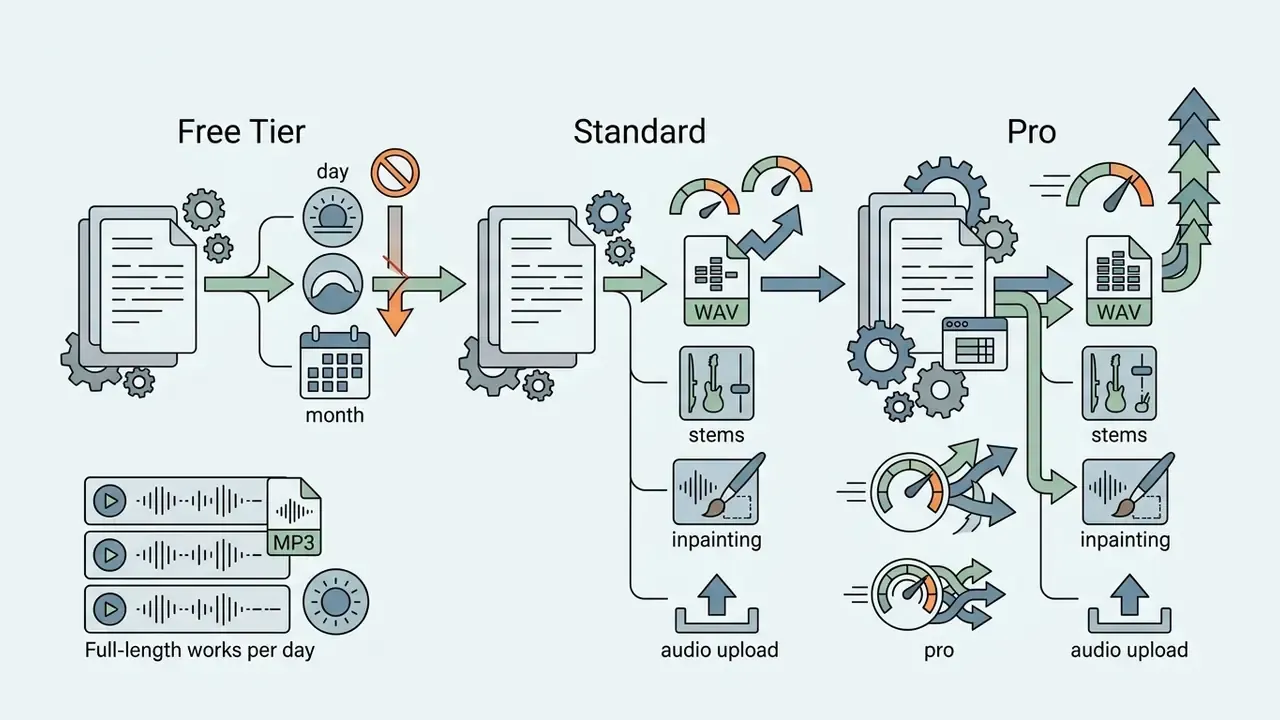 Comparison of Free, Standard, and Pro subscription features using icons for audio formats and tools
