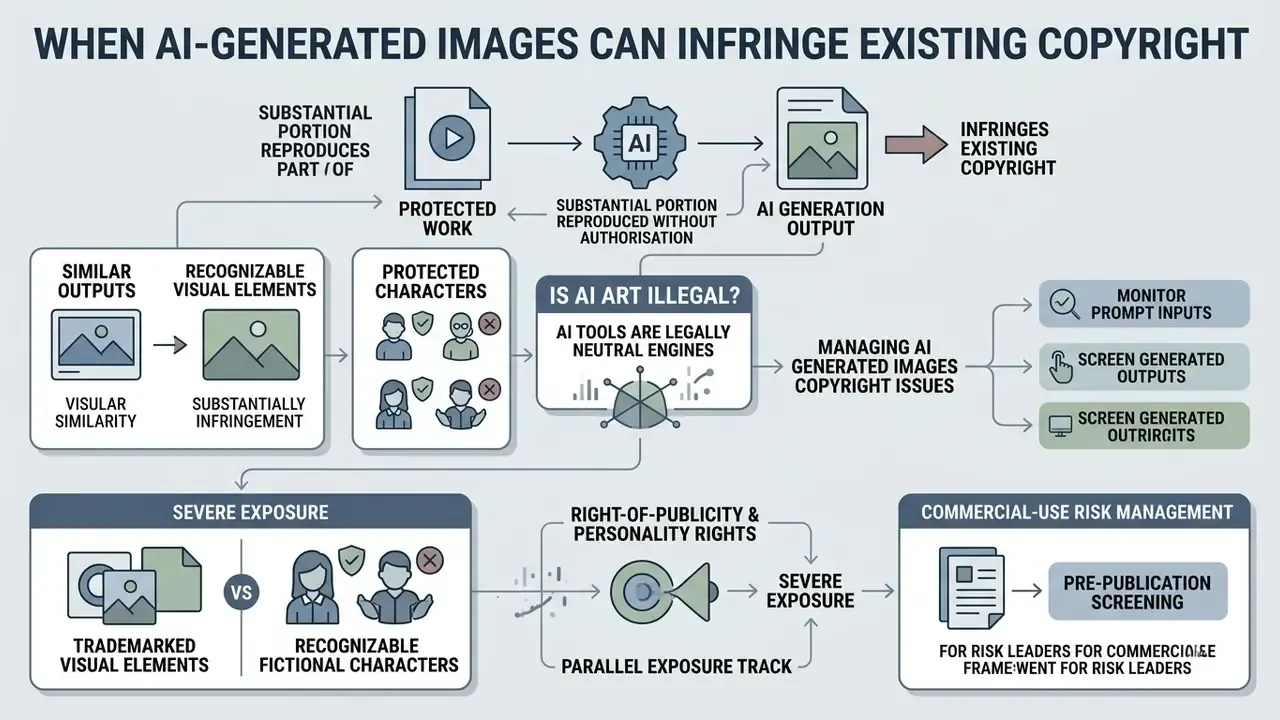Diagram illustrating how AI generated images copyright risks arise from protected works and characters