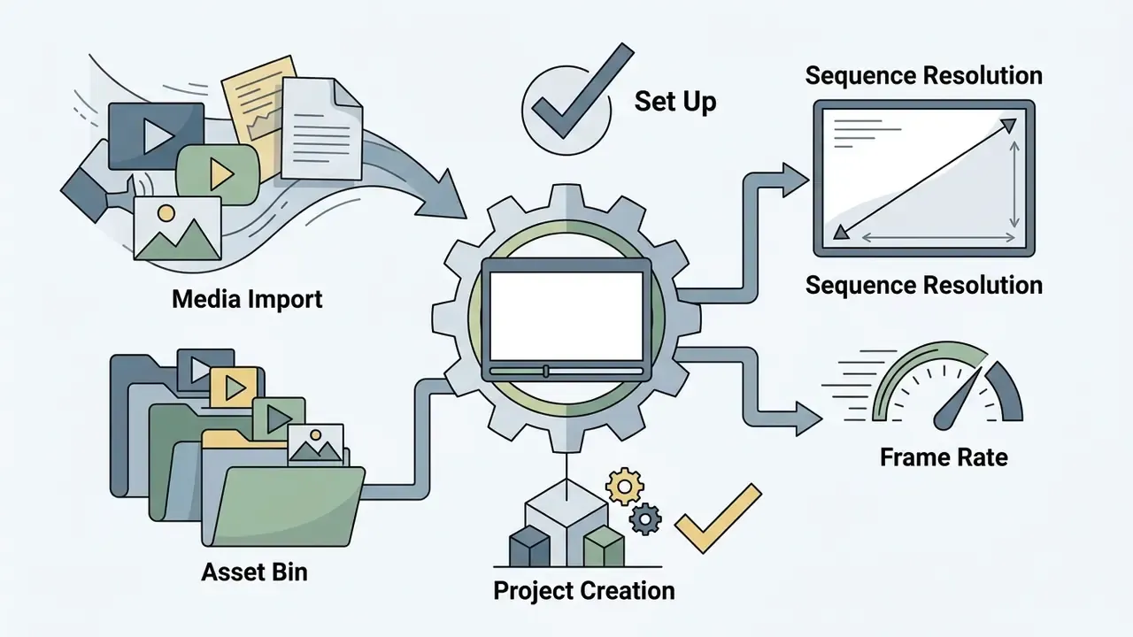 Central gear icon connecting media import and asset bin to sequence resolution and frame rate settings