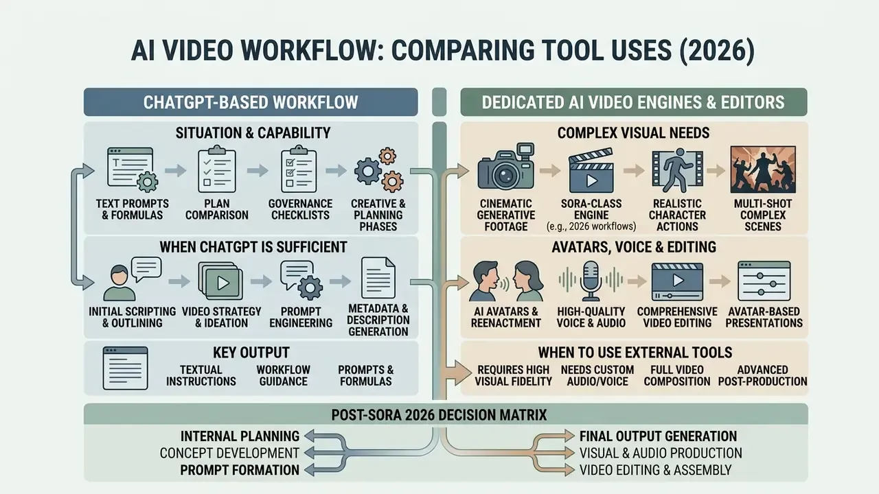 Comparison chart showing ChatGPT planning workflows versus specialized AI video engines and editors